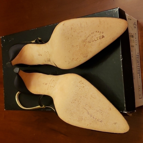 Silvia Florentina Silvia 8N Black & Gold Leather & Satin Sling Back EUC inBx - Picture 8 of 14